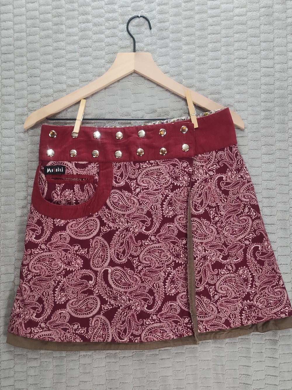 Moshiki Cotton Corduroy Paisley Floral Print Reversible Wrap Skirt-OS
